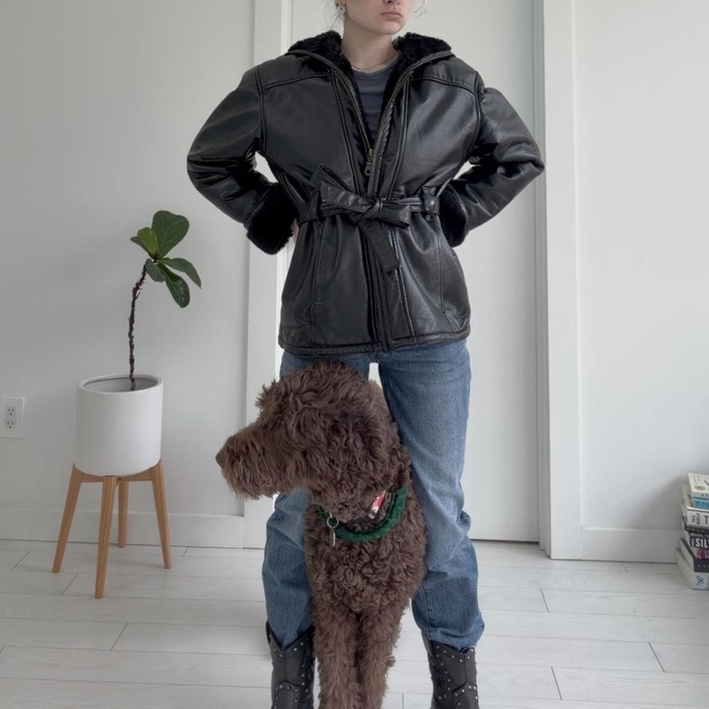 Heavy duty leather coat with black fur interior